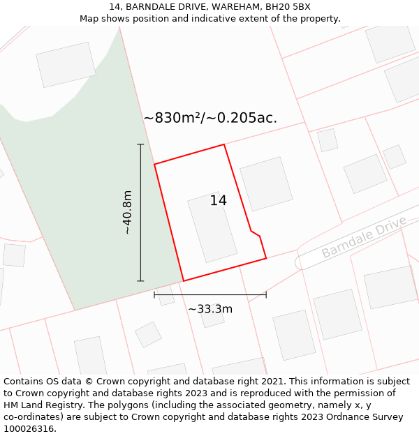 14, BARNDALE DRIVE, WAREHAM, BH20 5BX: Plot and title map