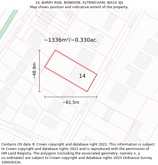 14, BARRY RISE, BOWDON, ALTRINCHAM, WA14 3JS: Plot and title map