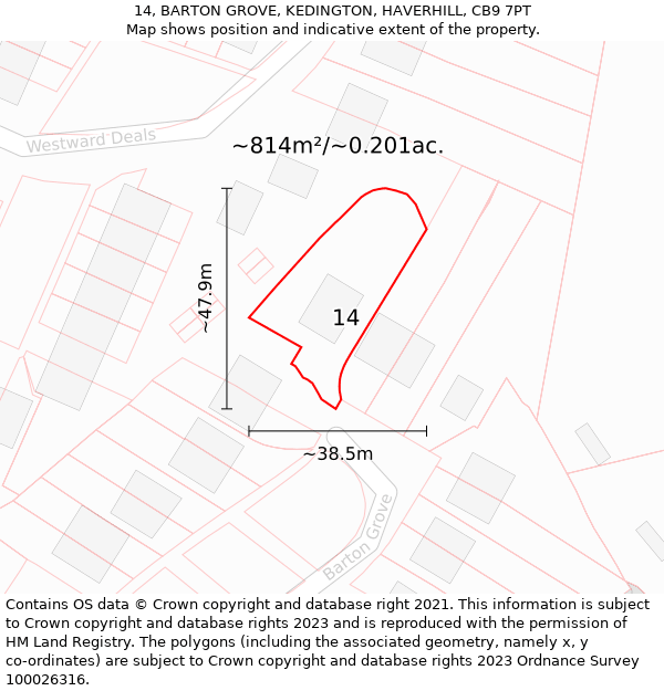 14, BARTON GROVE, KEDINGTON, HAVERHILL, CB9 7PT: Plot and title map