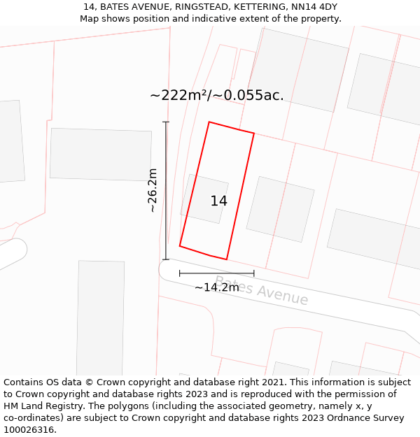 14, BATES AVENUE, RINGSTEAD, KETTERING, NN14 4DY: Plot and title map