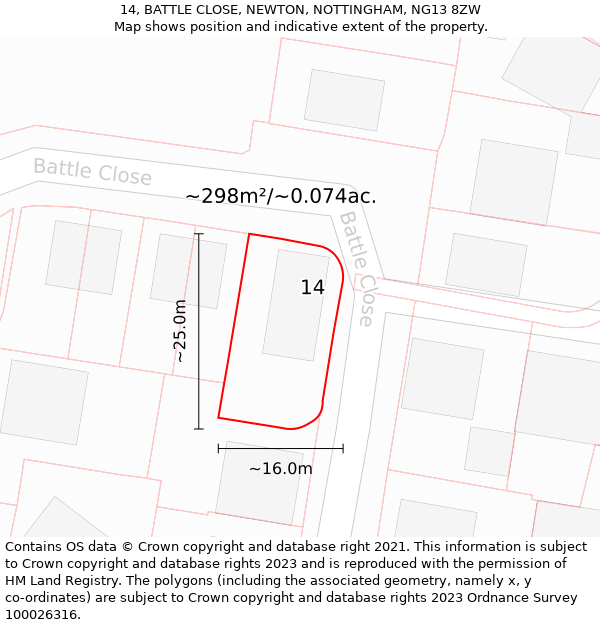 14, BATTLE CLOSE, NEWTON, NOTTINGHAM, NG13 8ZW: Plot and title map