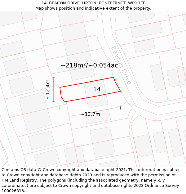14, BEACON DRIVE, UPTON, PONTEFRACT, WF9 1EF: Plot and title map