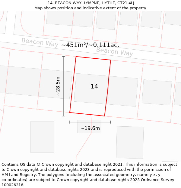 14, BEACON WAY, LYMPNE, HYTHE, CT21 4LJ: Plot and title map