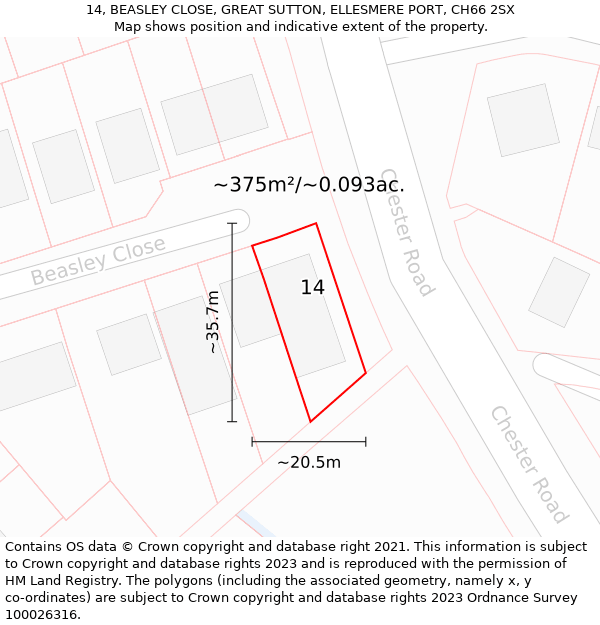 14, BEASLEY CLOSE, GREAT SUTTON, ELLESMERE PORT, CH66 2SX: Plot and title map