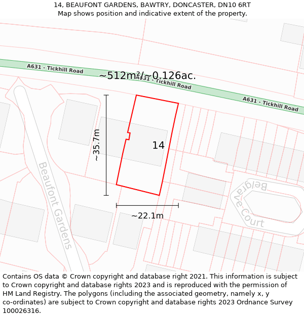 14, BEAUFONT GARDENS, BAWTRY, DONCASTER, DN10 6RT: Plot and title map