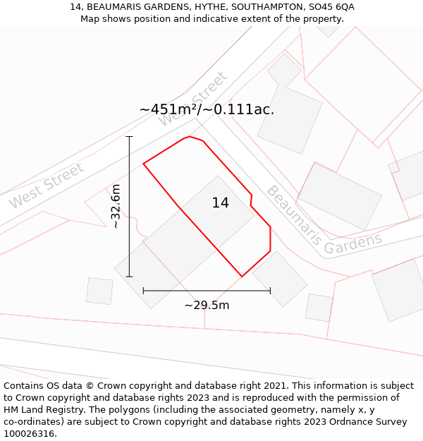 14, BEAUMARIS GARDENS, HYTHE, SOUTHAMPTON, SO45 6QA: Plot and title map