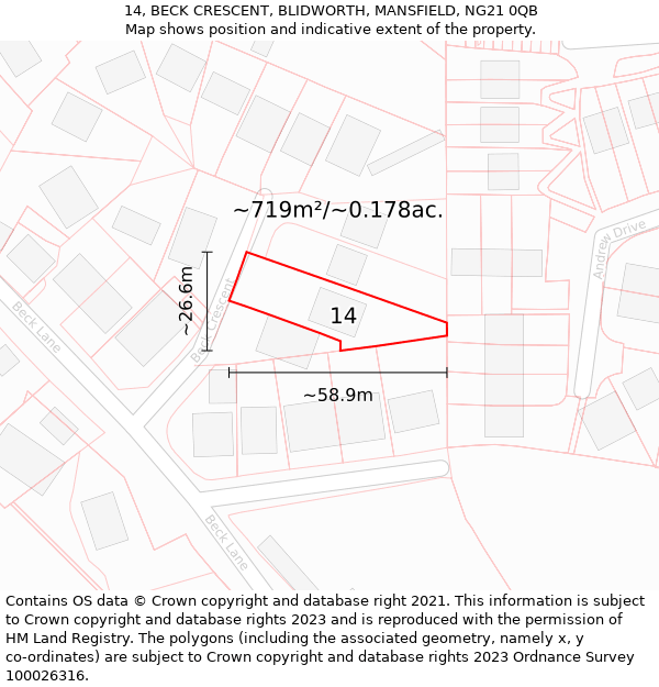 14, BECK CRESCENT, BLIDWORTH, MANSFIELD, NG21 0QB: Plot and title map