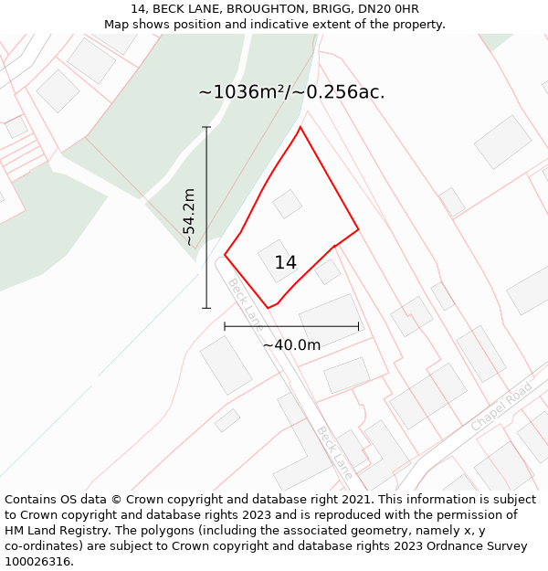 14, BECK LANE, BROUGHTON, BRIGG, DN20 0HR: Plot and title map