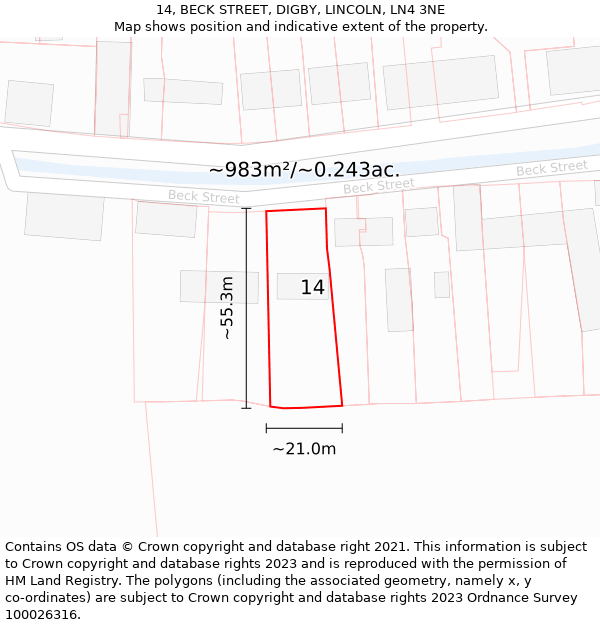14, BECK STREET, DIGBY, LINCOLN, LN4 3NE: Plot and title map