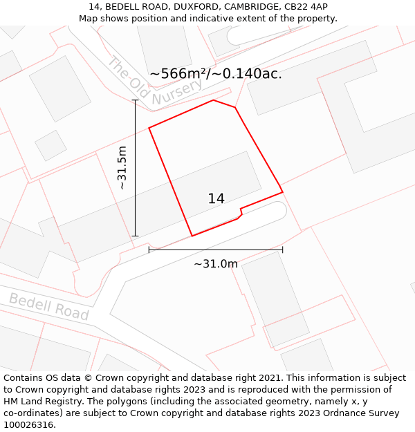 14, BEDELL ROAD, DUXFORD, CAMBRIDGE, CB22 4AP: Plot and title map