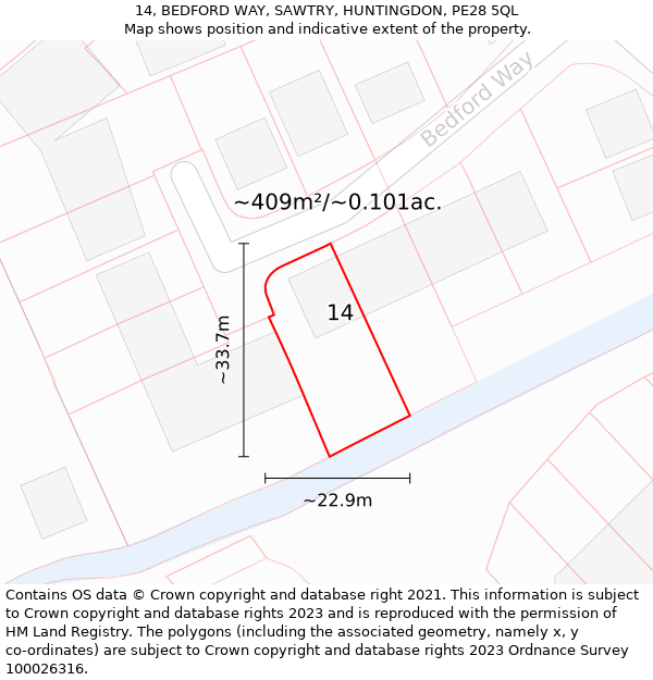 14, BEDFORD WAY, SAWTRY, HUNTINGDON, PE28 5QL: Plot and title map