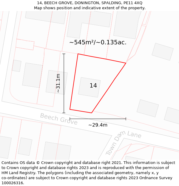 14, BEECH GROVE, DONINGTON, SPALDING, PE11 4XQ: Plot and title map