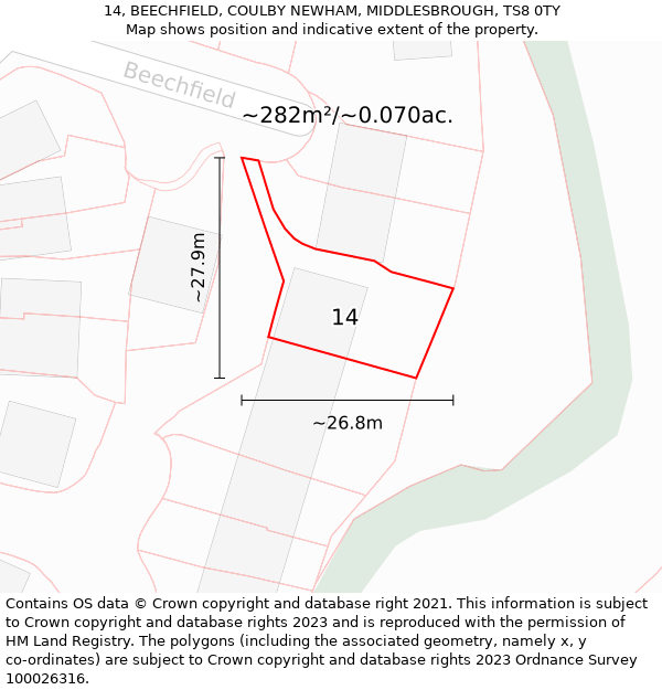 14, BEECHFIELD, COULBY NEWHAM, MIDDLESBROUGH, TS8 0TY: Plot and title map