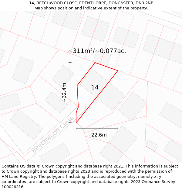 14, BEECHWOOD CLOSE, EDENTHORPE, DONCASTER, DN3 2NP: Plot and title map