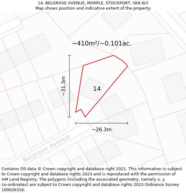 14, BELGRAVE AVENUE, MARPLE, STOCKPORT, SK6 6LY: Plot and title map