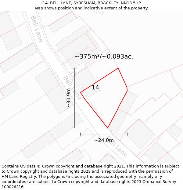 14, BELL LANE, SYRESHAM, BRACKLEY, NN13 5HP: Plot and title map