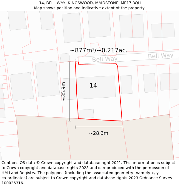 14, BELL WAY, KINGSWOOD, MAIDSTONE, ME17 3QH: Plot and title map