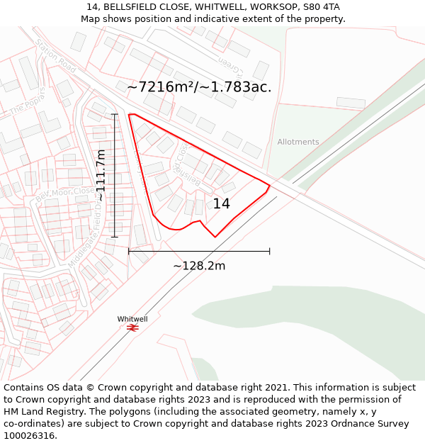 14, BELLSFIELD CLOSE, WHITWELL, WORKSOP, S80 4TA: Plot and title map