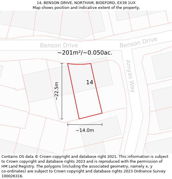 14, BENSON DRIVE, NORTHAM, BIDEFORD, EX39 1UX: Plot and title map