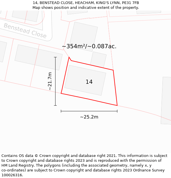 14, BENSTEAD CLOSE, HEACHAM, KING'S LYNN, PE31 7FB: Plot and title map