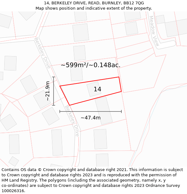 14, BERKELEY DRIVE, READ, BURNLEY, BB12 7QG: Plot and title map