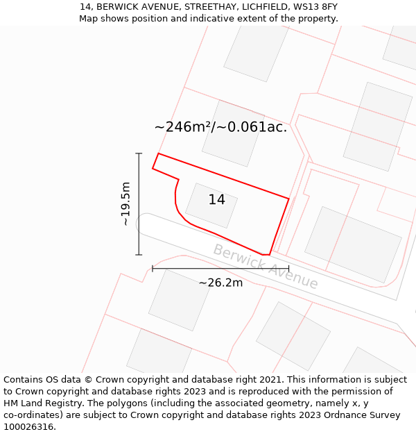 14, BERWICK AVENUE, STREETHAY, LICHFIELD, WS13 8FY: Plot and title map