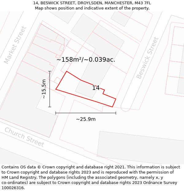 14, BESWICK STREET, DROYLSDEN, MANCHESTER, M43 7FL: Plot and title map