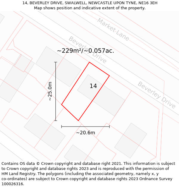 14, BEVERLEY DRIVE, SWALWELL, NEWCASTLE UPON TYNE, NE16 3EH: Plot and title map