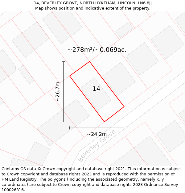14, BEVERLEY GROVE, NORTH HYKEHAM, LINCOLN, LN6 8JJ: Plot and title map