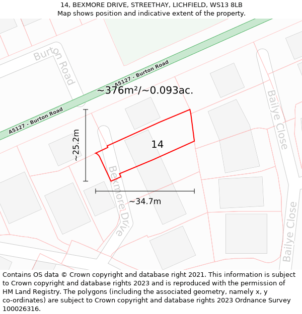 14, BEXMORE DRIVE, STREETHAY, LICHFIELD, WS13 8LB: Plot and title map