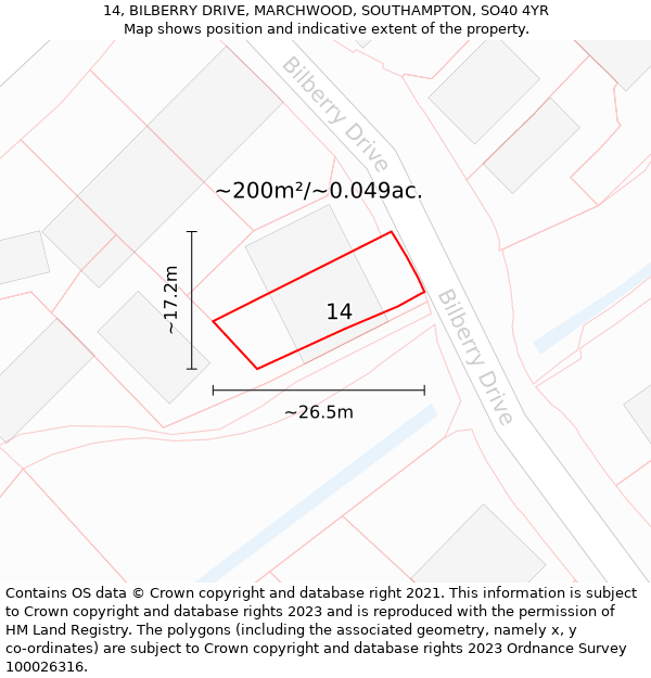 14, BILBERRY DRIVE, MARCHWOOD, SOUTHAMPTON, SO40 4YR: Plot and title map