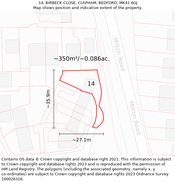 14, BIRBECK CLOSE, CLAPHAM, BEDFORD, MK41 6GJ: Plot and title map