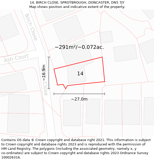 14, BIRCH CLOSE, SPROTBROUGH, DONCASTER, DN5 7JY: Plot and title map