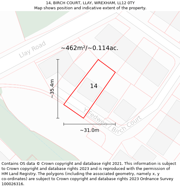 14, BIRCH COURT, LLAY, WREXHAM, LL12 0TY: Plot and title map