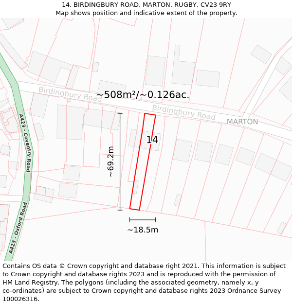 14, BIRDINGBURY ROAD, MARTON, RUGBY, CV23 9RY: Plot and title map