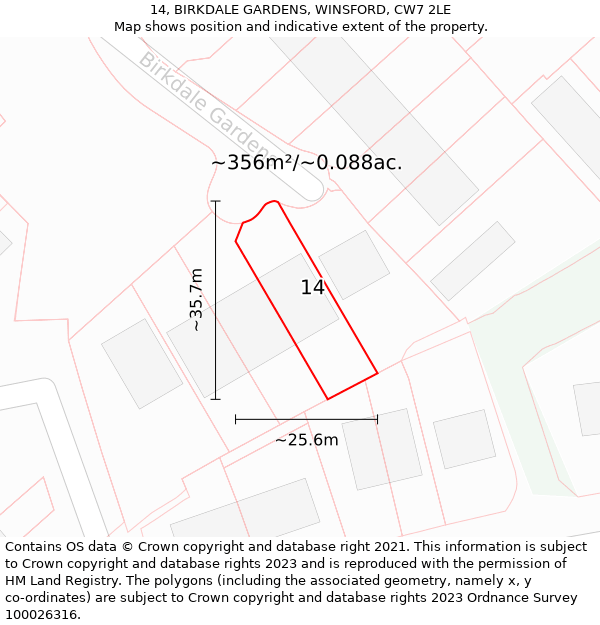 14, BIRKDALE GARDENS, WINSFORD, CW7 2LE: Plot and title map