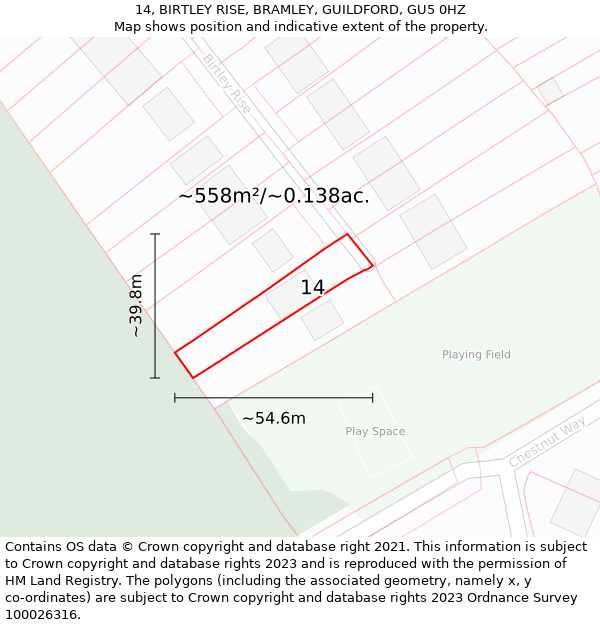 14, BIRTLEY RISE, BRAMLEY, GUILDFORD, GU5 0HZ: Plot and title map