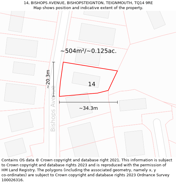 14, BISHOPS AVENUE, BISHOPSTEIGNTON, TEIGNMOUTH, TQ14 9RE: Plot and title map