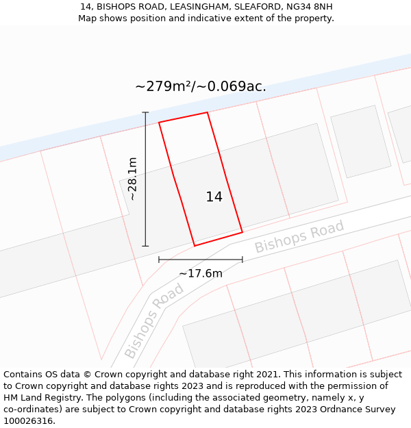 14, BISHOPS ROAD, LEASINGHAM, SLEAFORD, NG34 8NH: Plot and title map