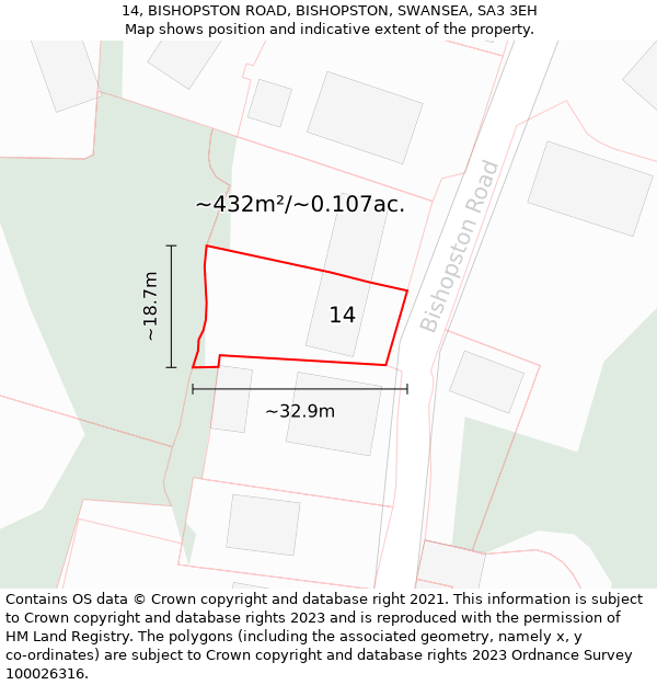 14, BISHOPSTON ROAD, BISHOPSTON, SWANSEA, SA3 3EH: Plot and title map