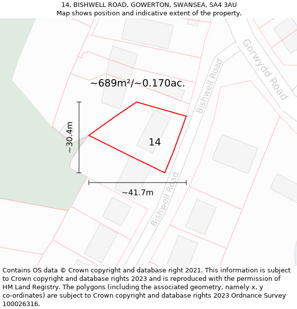 14, BISHWELL ROAD, GOWERTON, SWANSEA, SA4 3AU: Plot and title map