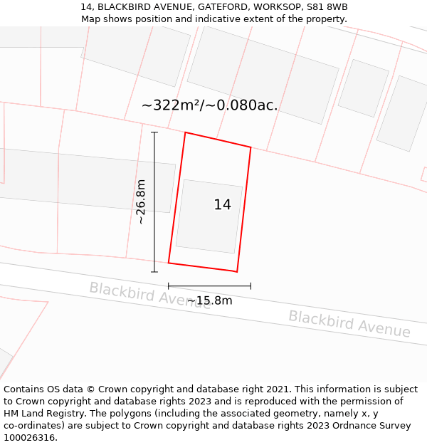 14, BLACKBIRD AVENUE, GATEFORD, WORKSOP, S81 8WB: Plot and title map