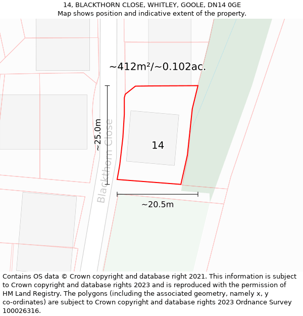 14, BLACKTHORN CLOSE, WHITLEY, GOOLE, DN14 0GE: Plot and title map