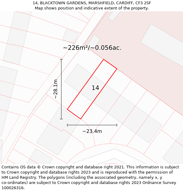 14, BLACKTOWN GARDENS, MARSHFIELD, CARDIFF, CF3 2SF: Plot and title map