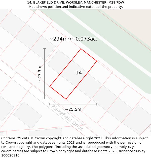 14, BLAKEFIELD DRIVE, WORSLEY, MANCHESTER, M28 7DW: Plot and title map