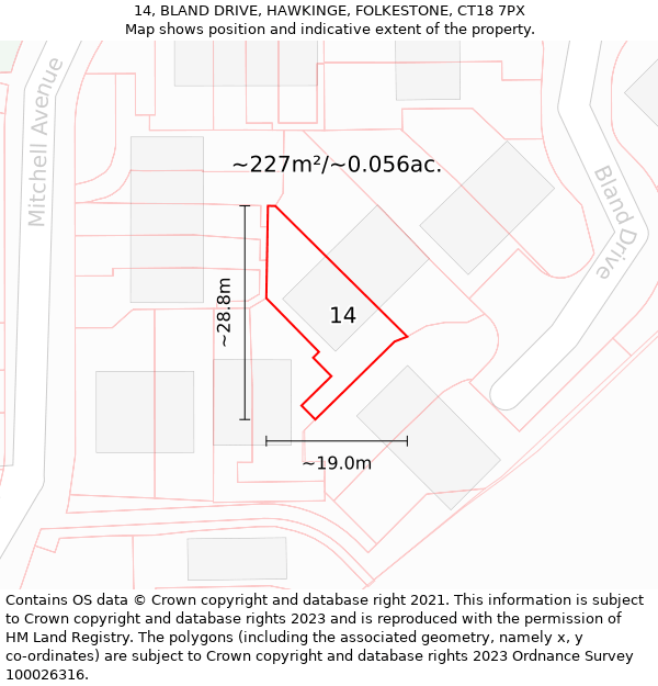 14, BLAND DRIVE, HAWKINGE, FOLKESTONE, CT18 7PX: Plot and title map