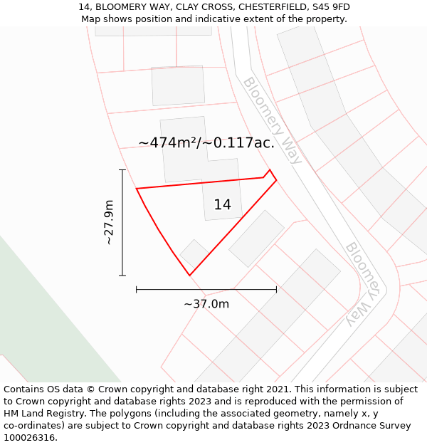 14, BLOOMERY WAY, CLAY CROSS, CHESTERFIELD, S45 9FD: Plot and title map