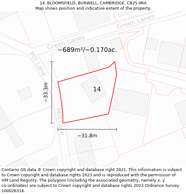 14, BLOOMSFIELD, BURWELL, CAMBRIDGE, CB25 0RA: Plot and title map