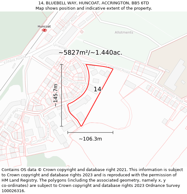 14, BLUEBELL WAY, HUNCOAT, ACCRINGTON, BB5 6TD: Plot and title map