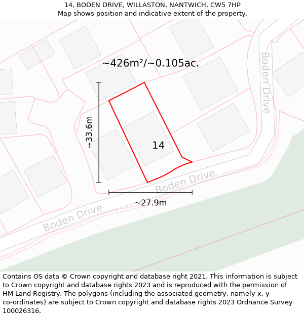 14, BODEN DRIVE, WILLASTON, NANTWICH, CW5 7HP: Plot and title map